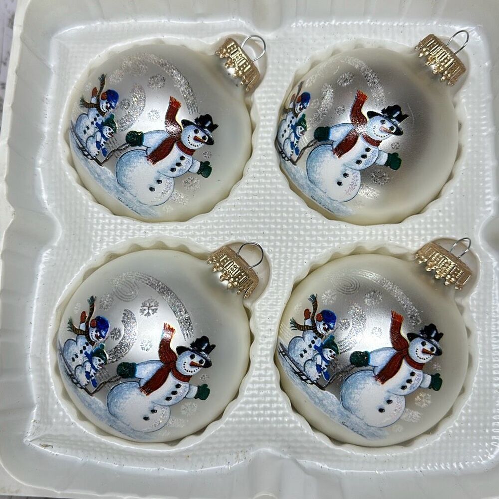 Vintage Christmas Ornaments Pyramid Box Snowman Satin Sheen Made In‎ USA Set